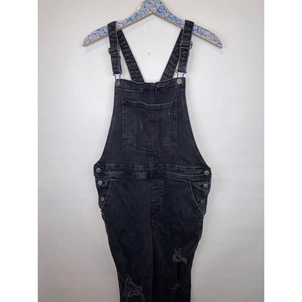 Old Navy Women's Size 12 Petite OG Straight Black Ripped Jean Overalls GUC - Picture 4 of 8